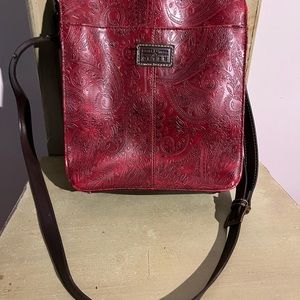Relic leather square crossbody unisex bag in red with strap and pattern to love